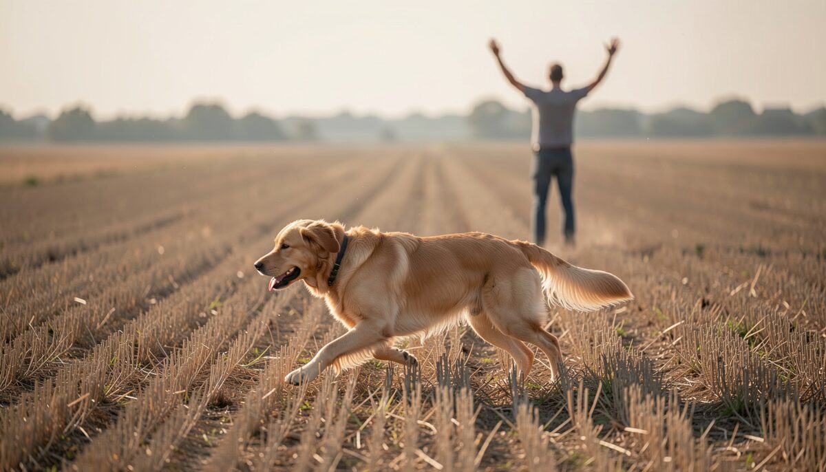 Un conducteur bras levé envoyant un golden retriever sur une ligne droite à travers un champ de chaume, geste clair, chien en pleine course.
