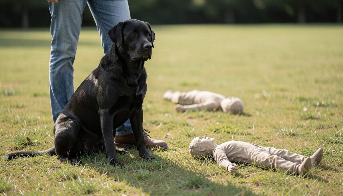 Un labrador noir assis au pied de son conducteur qui regarde deux dummies posés à distance dans l'herbe, posture de concentration.