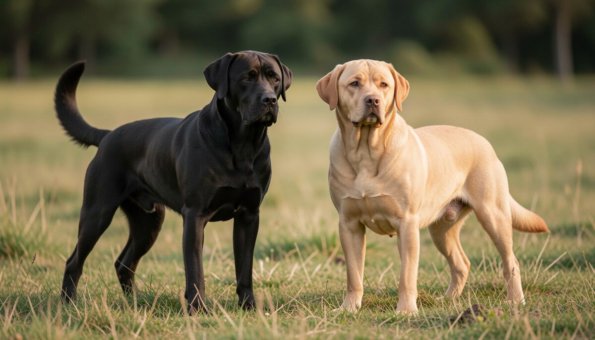 Deux labradors côte à côte en attitude : l'un athlétique en museau de travail, l'autre posé en station d'exposition, même lumière.